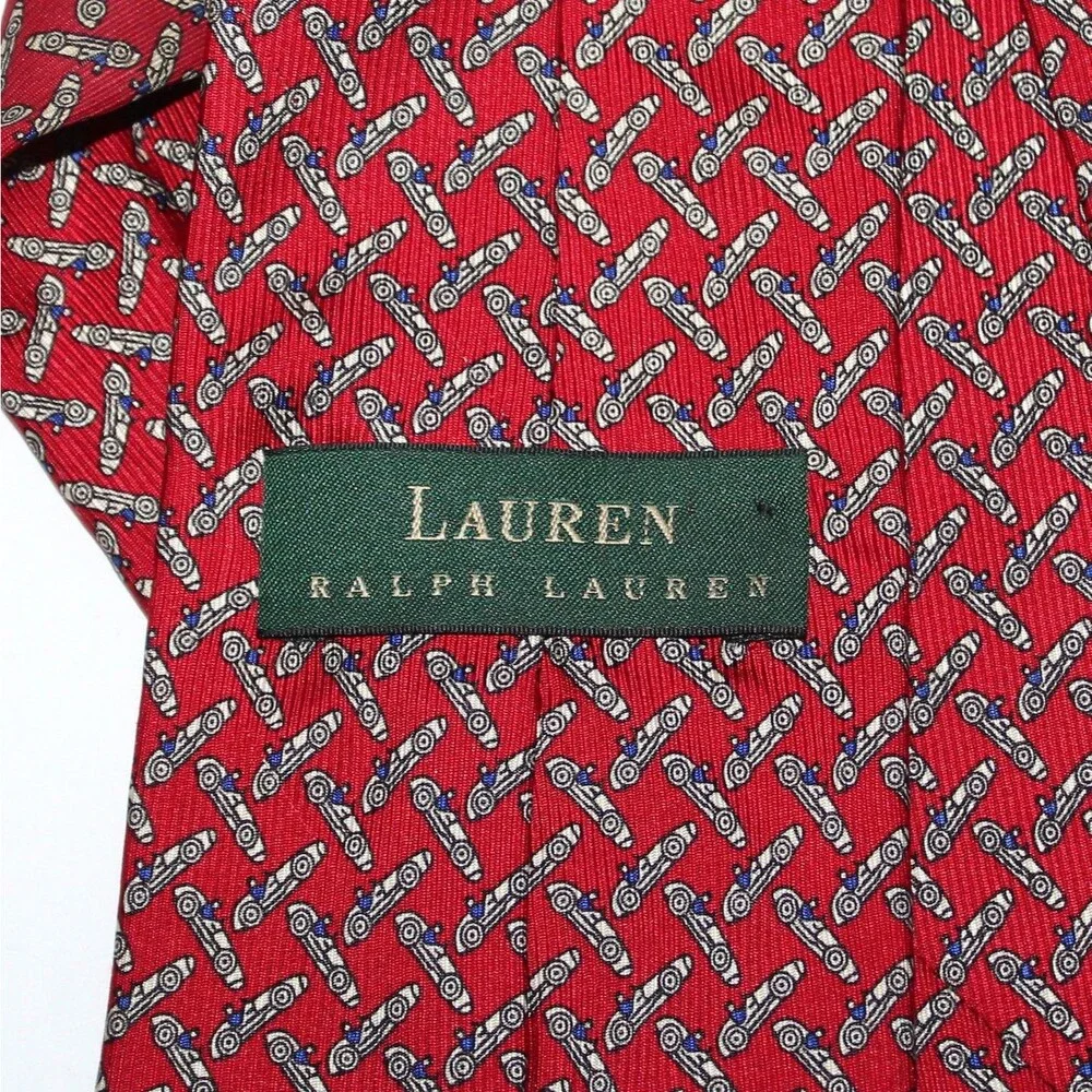Lauren Ralph Lauren Necktie red Race Cars 100% silk USA LRL